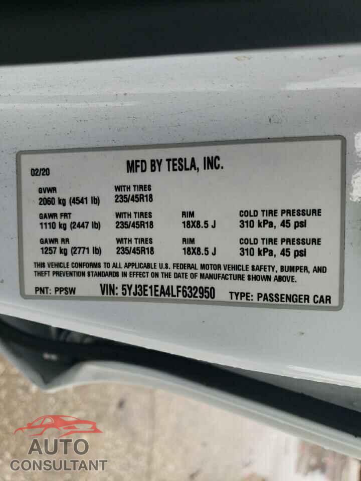 TESLA MODEL 3 2020 - 5YJ3E1EA4LF632950