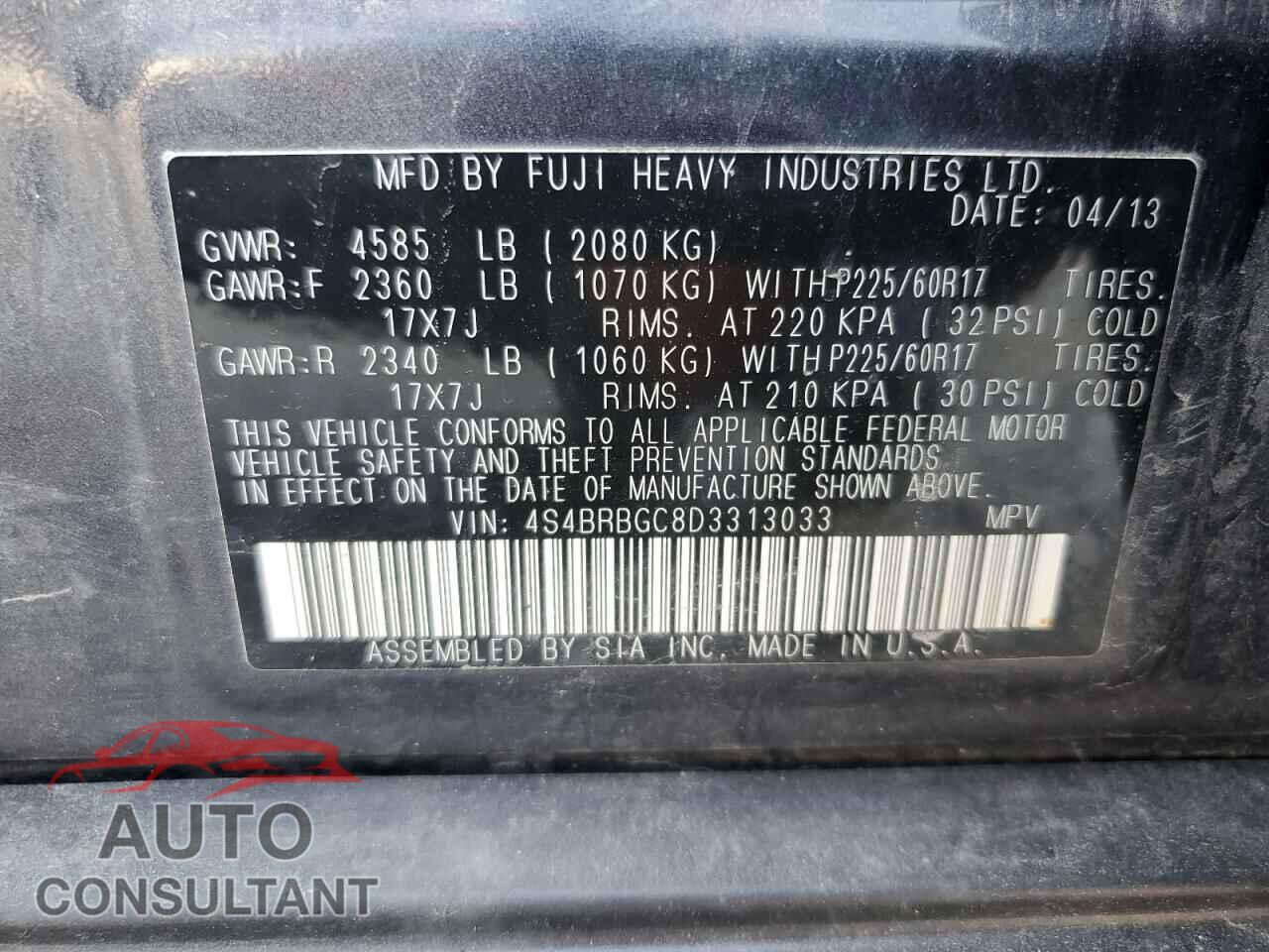 SUBARU OUTBACK 2013 - 4S4BRBGC8D3313033