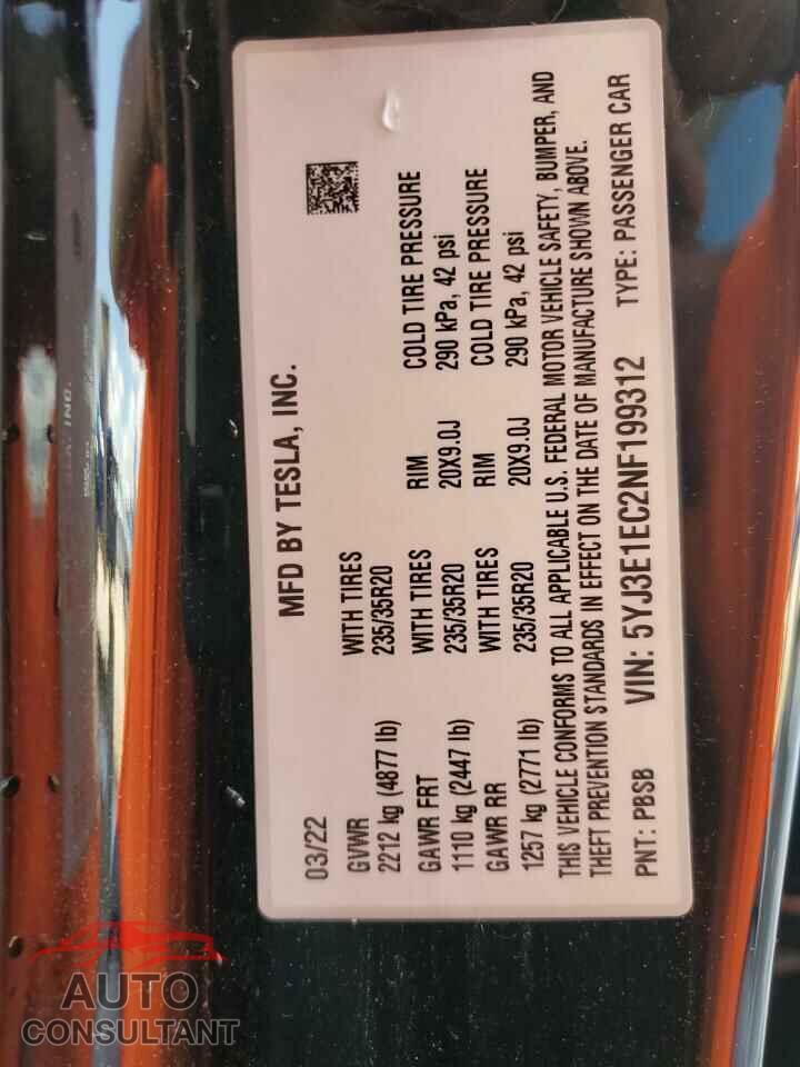 TESLA MODEL 3 2022 - 5YJ3E1EC2NF199312