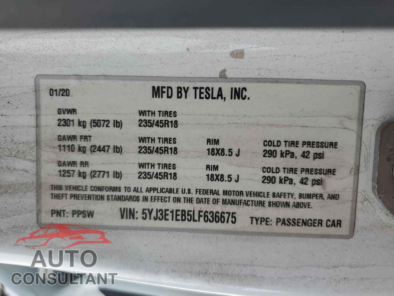 TESLA MODEL 3 2020 - 5YJ3E1EB5LF636675