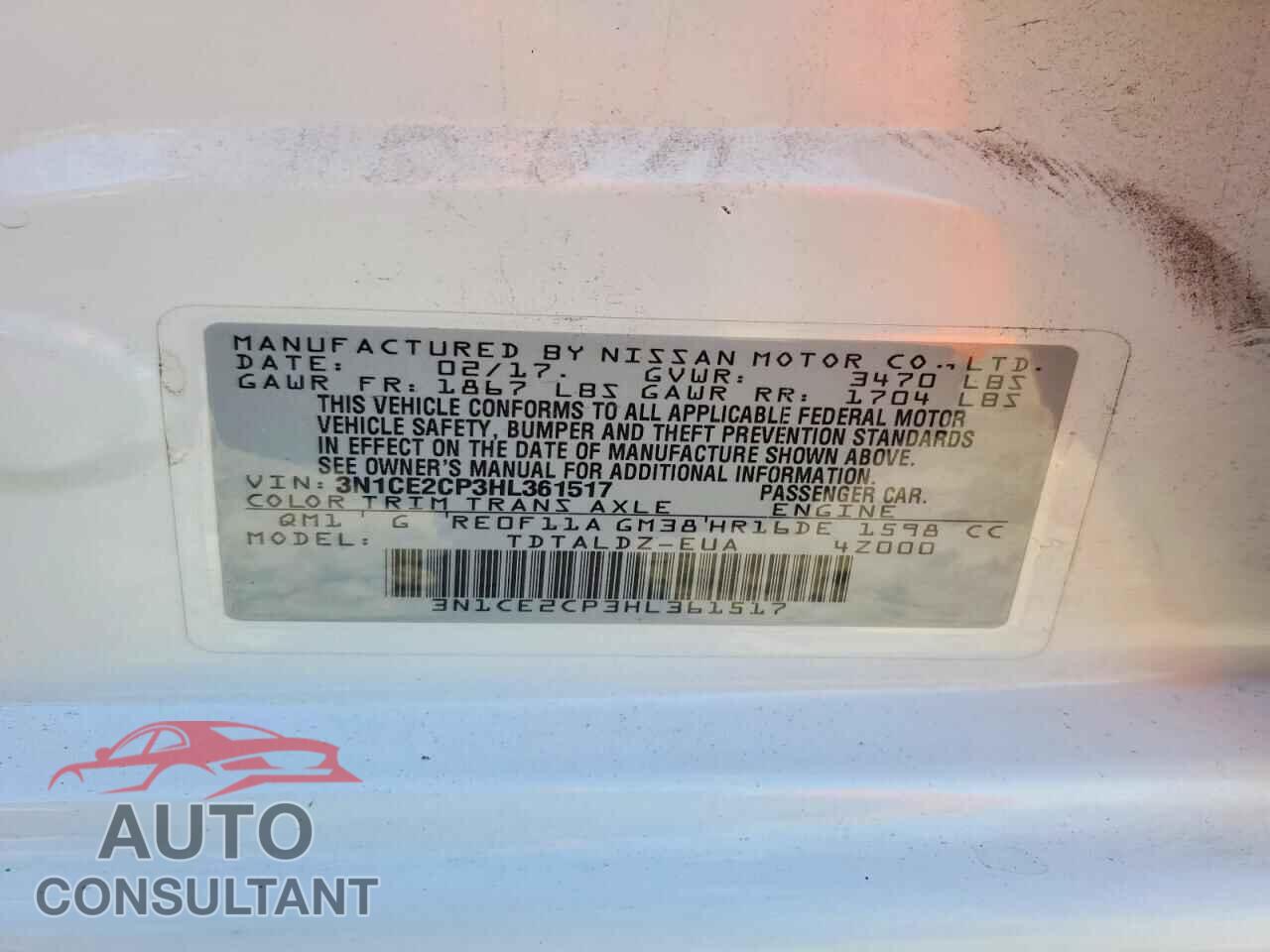 NISSAN VERSA 2017 - 3N1CE2CP3HL361517