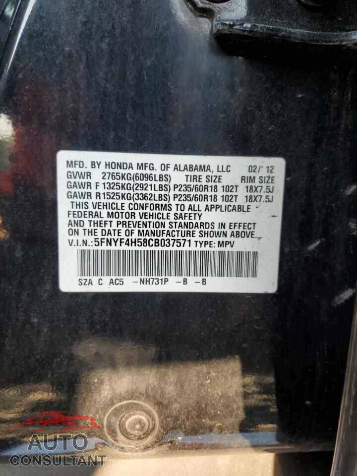 HONDA PILOT 2012 - 5FNYF4H58CB037571