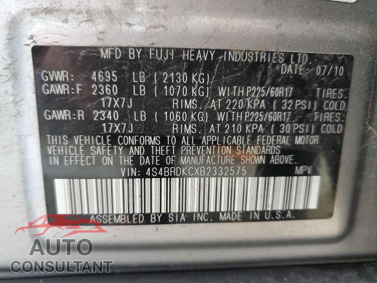 SUBARU OUTBACK 2011 - 4S4BRDKCXB2332575
