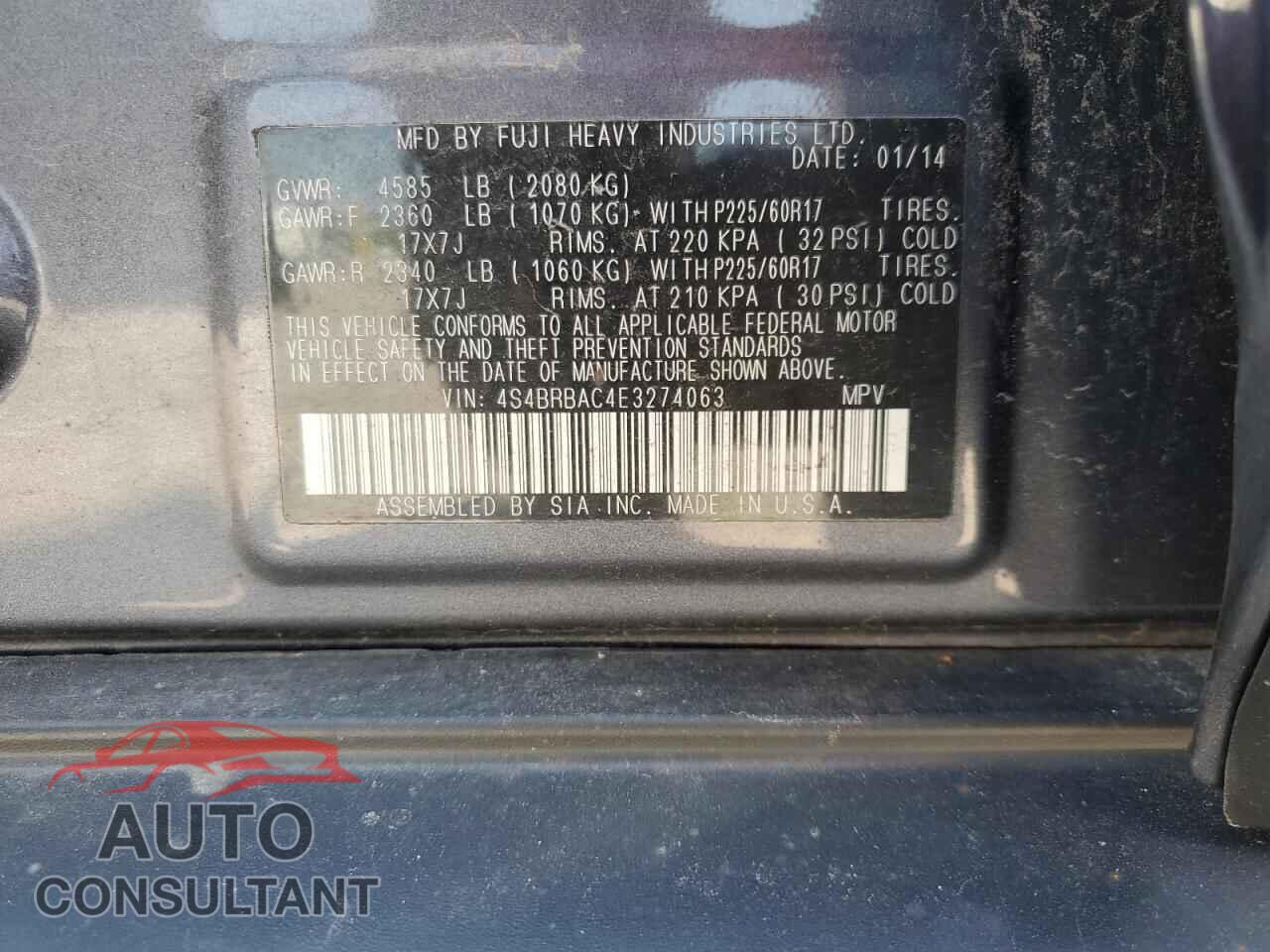 SUBARU OUTBACK 2014 - 4S4BRBAC4E3274063