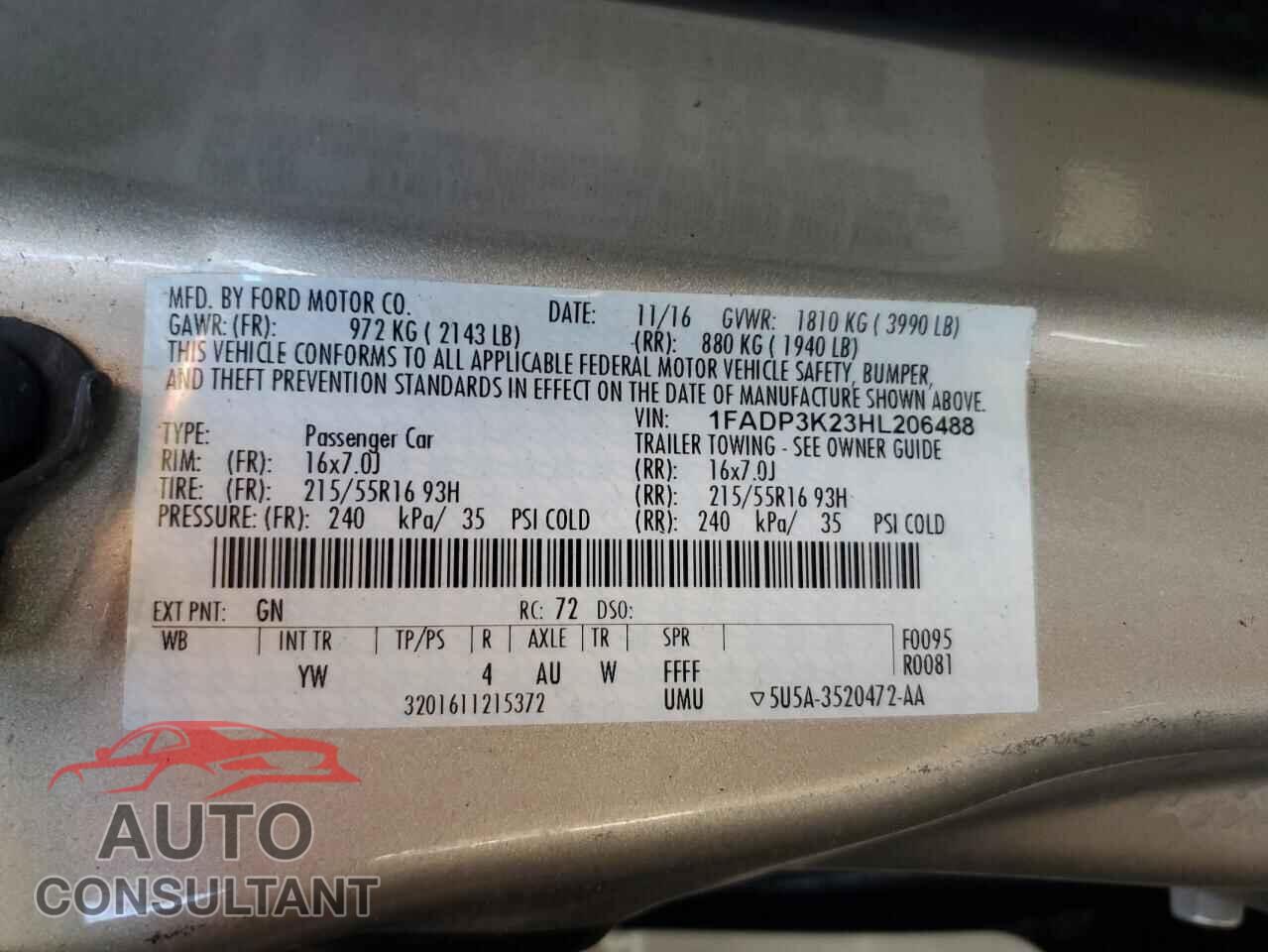 FORD FOCUS 2017 - 1FADP3K23HL206488