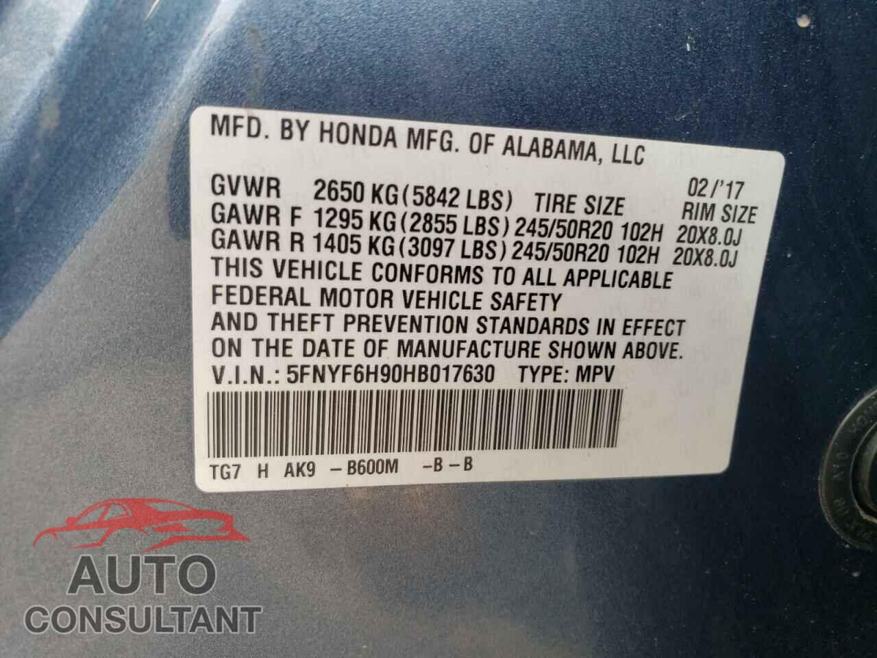 HONDA PILOT 2017 - 5FNYF6H90HB017630