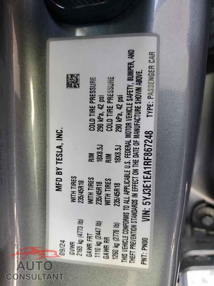 TESLA MODEL 3 2024 - 5YJ3E1EA1RF867248