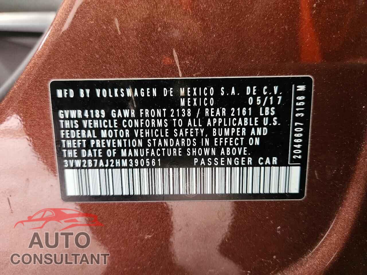 VOLKSWAGEN JETTA 2017 - 3VW2B7AJ2HM390561