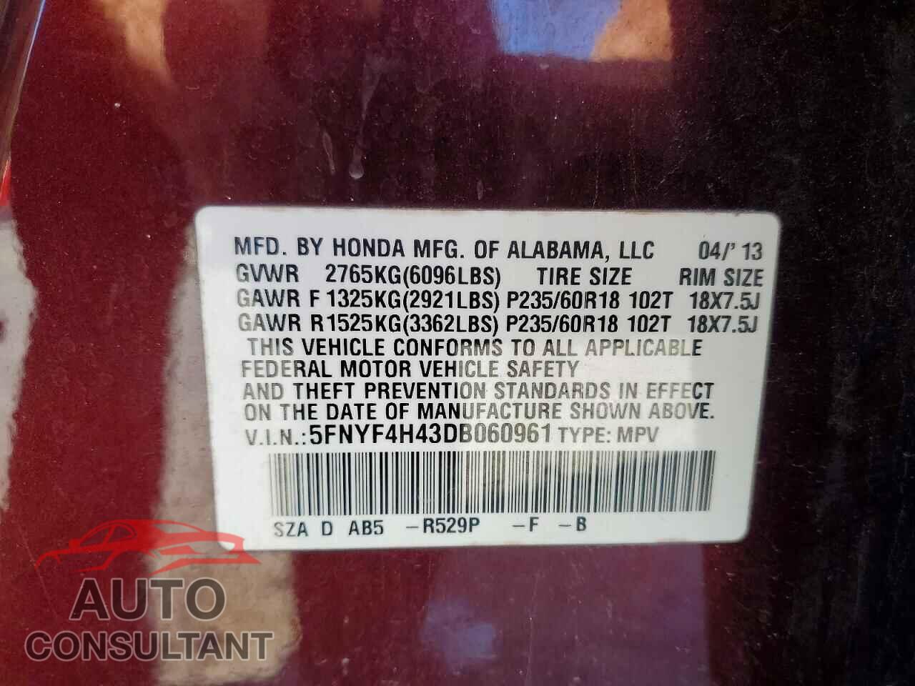 HONDA PILOT 2013 - 5FNYF4H43DB060961