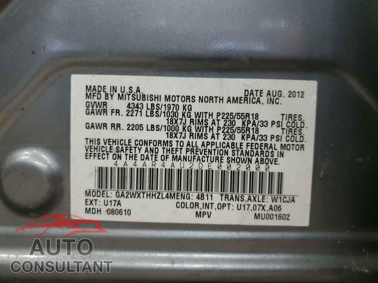 MITSUBISHI OUTLANDER 2013 - 4A4AR4AU2DE002000