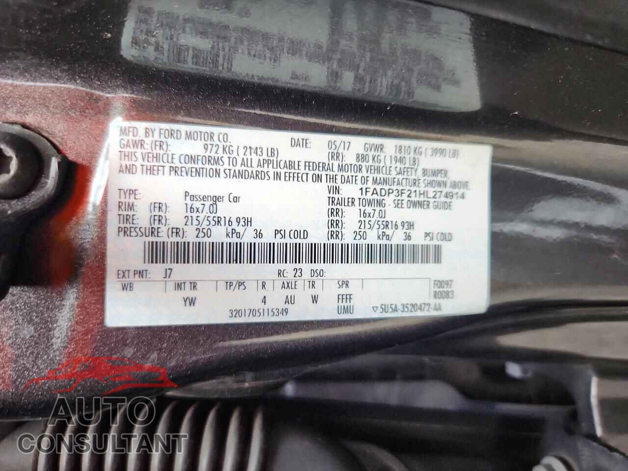 FORD FOCUS 2017 - 1FADP3F21HL274914