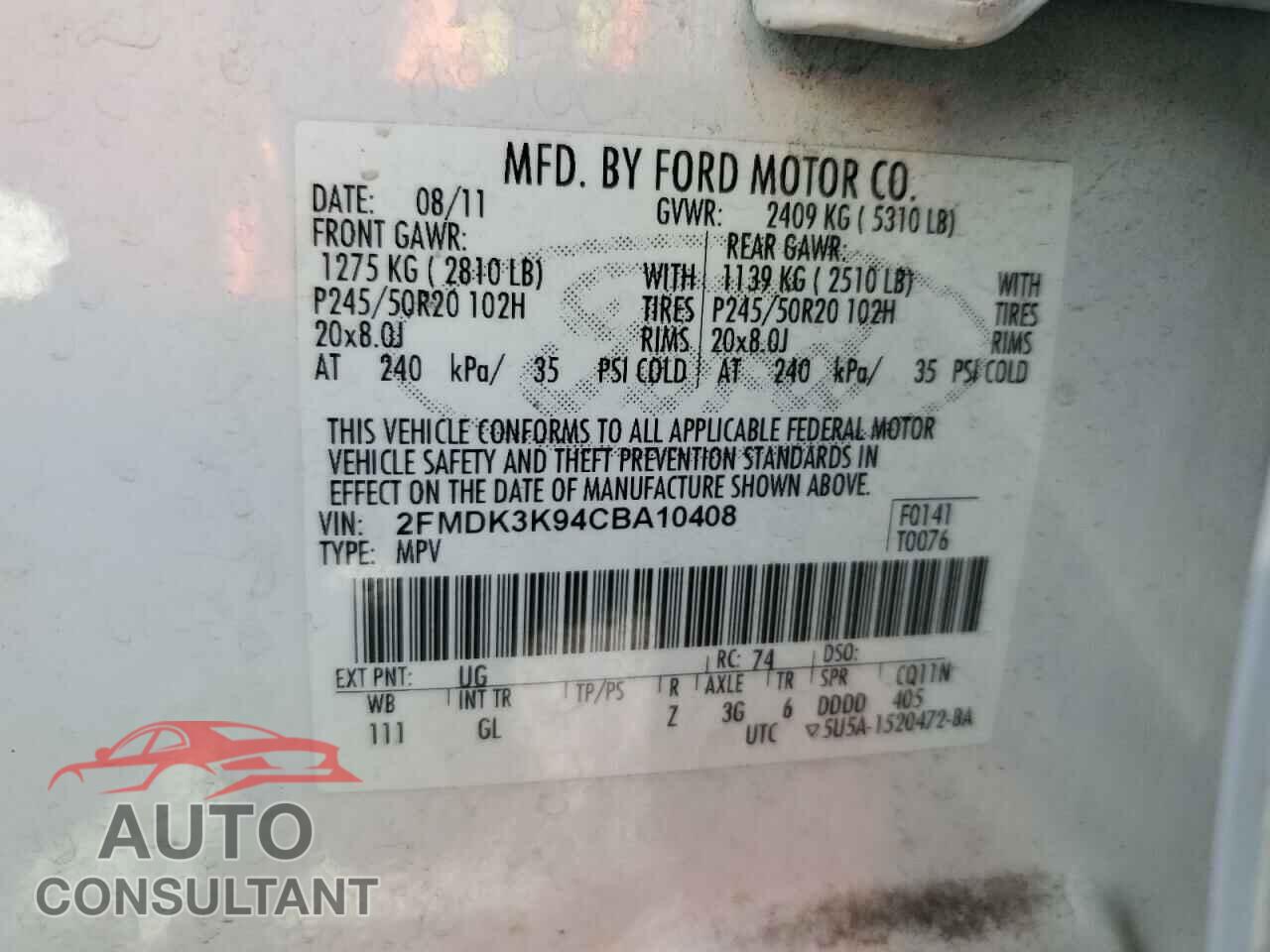 FORD EDGE 2012 - 2FMDK3K94CBA10408