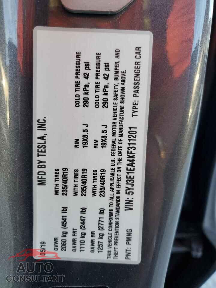 TESLA MODEL 3 2019 - 5YJ3E1EA4KF311201