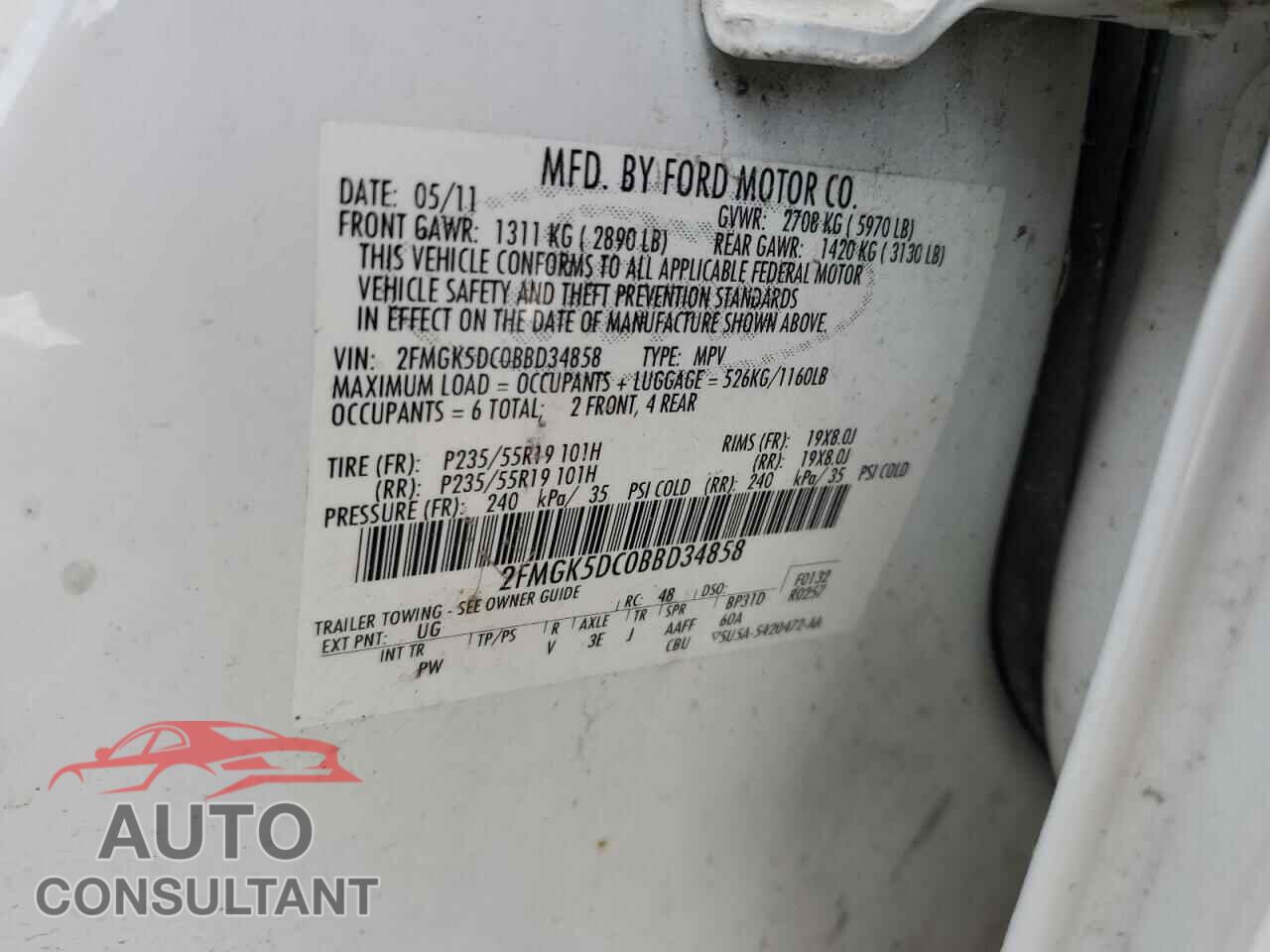 FORD FLEX 2011 - 2FMGK5DC0BBD34858