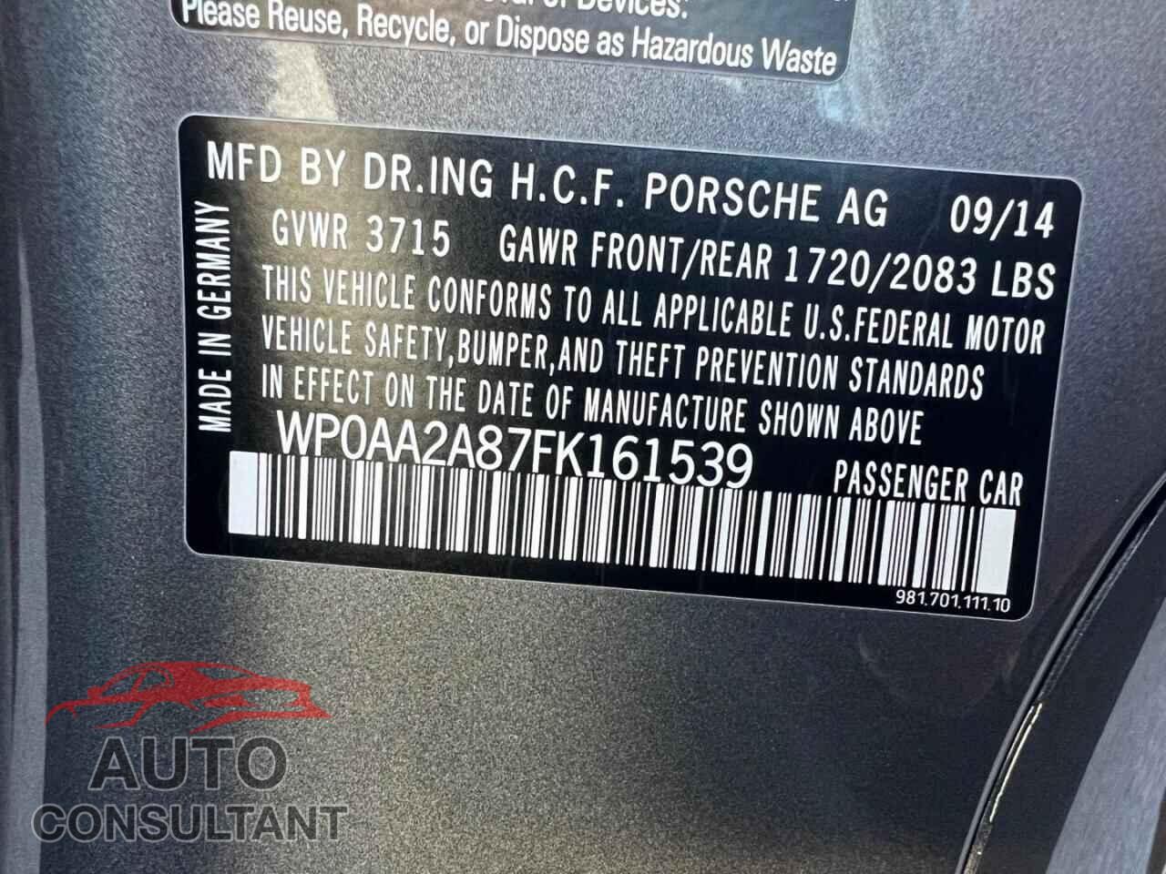 PORSCHE CAYMAN 2015 - WP0AA2A87FK161539
