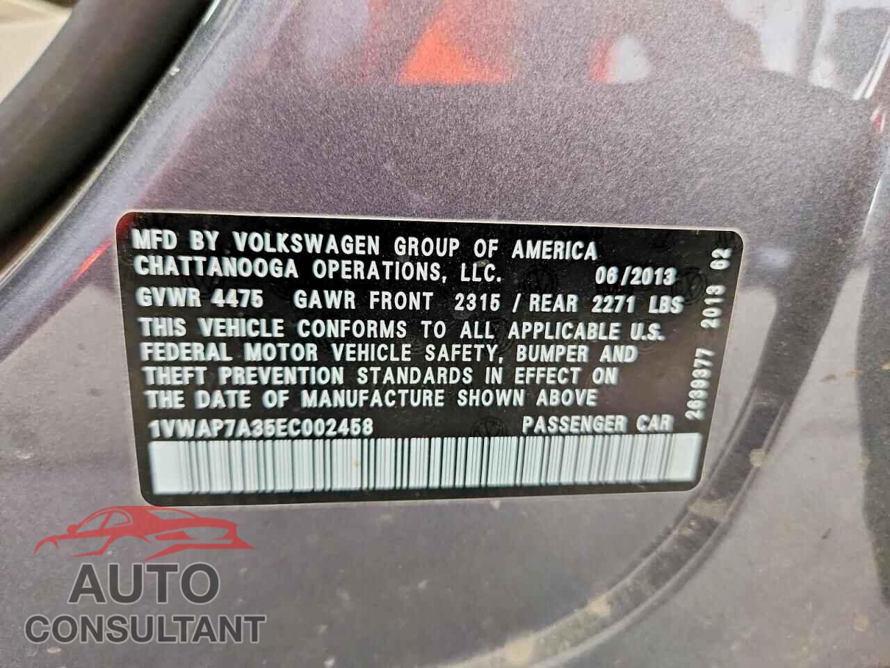 VOLKSWAGEN PASSAT 2014 - 1VWAP7A35EC002458