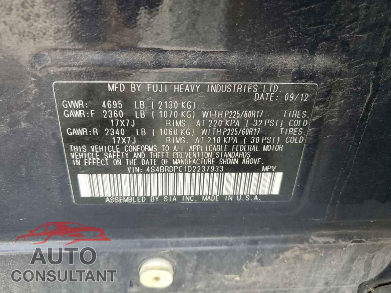 SUBARU OUTBACK 2013 - 4S4BRDPC1D2237933