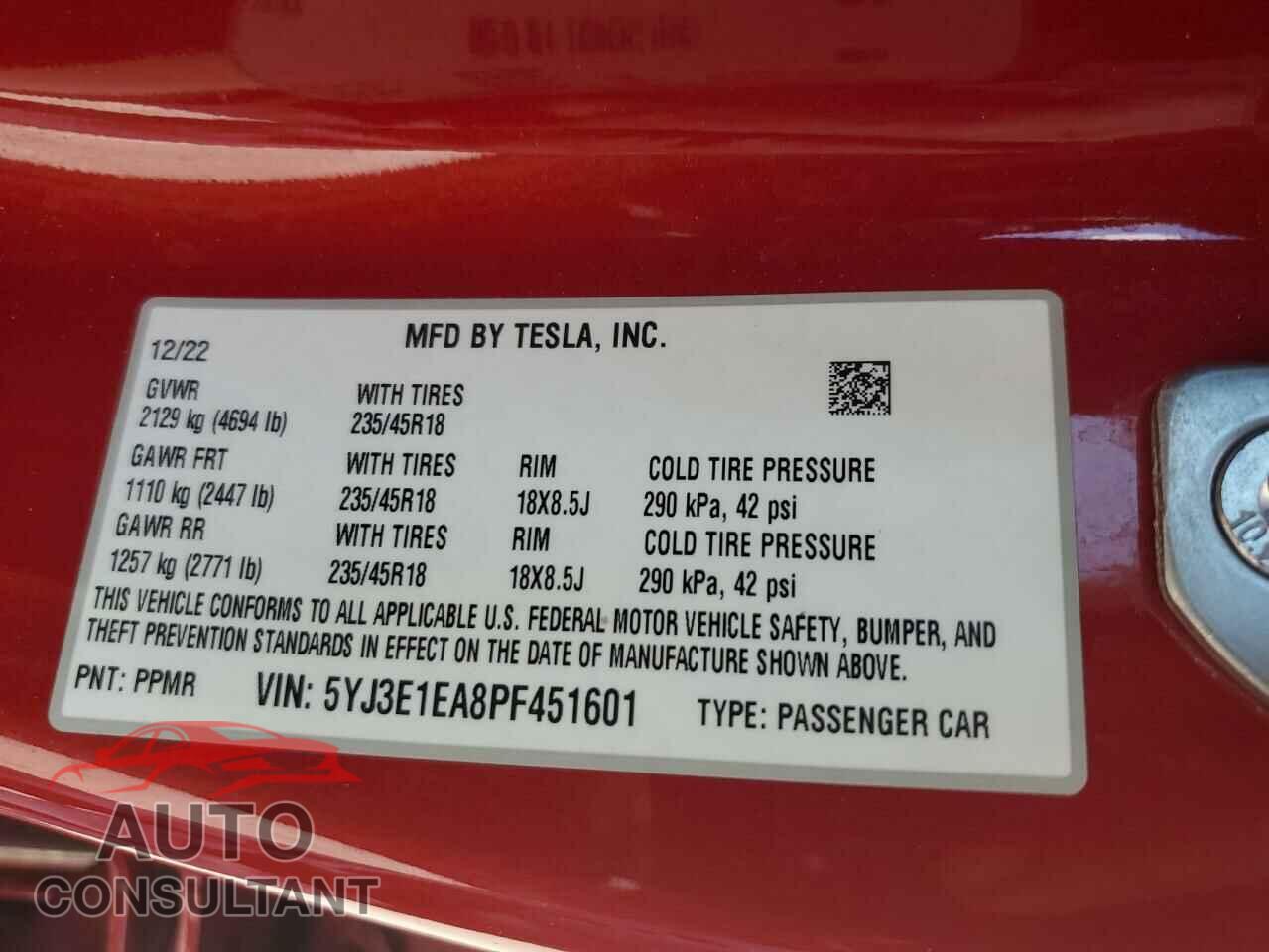 TESLA MODEL 3 2023 - 5YJ3E1EA8PF451601