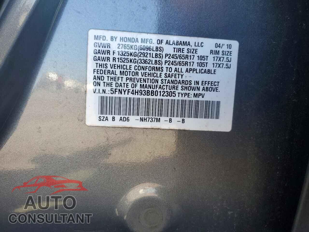 HONDA PILOT 2011 - 5FNYF4H93BB012305