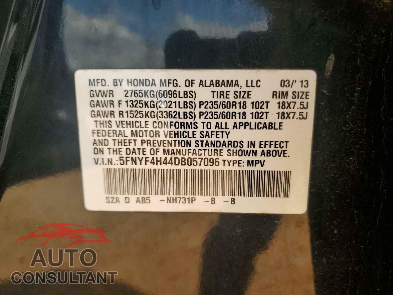 HONDA PILOT 2013 - 5FNYF4H44DB057096