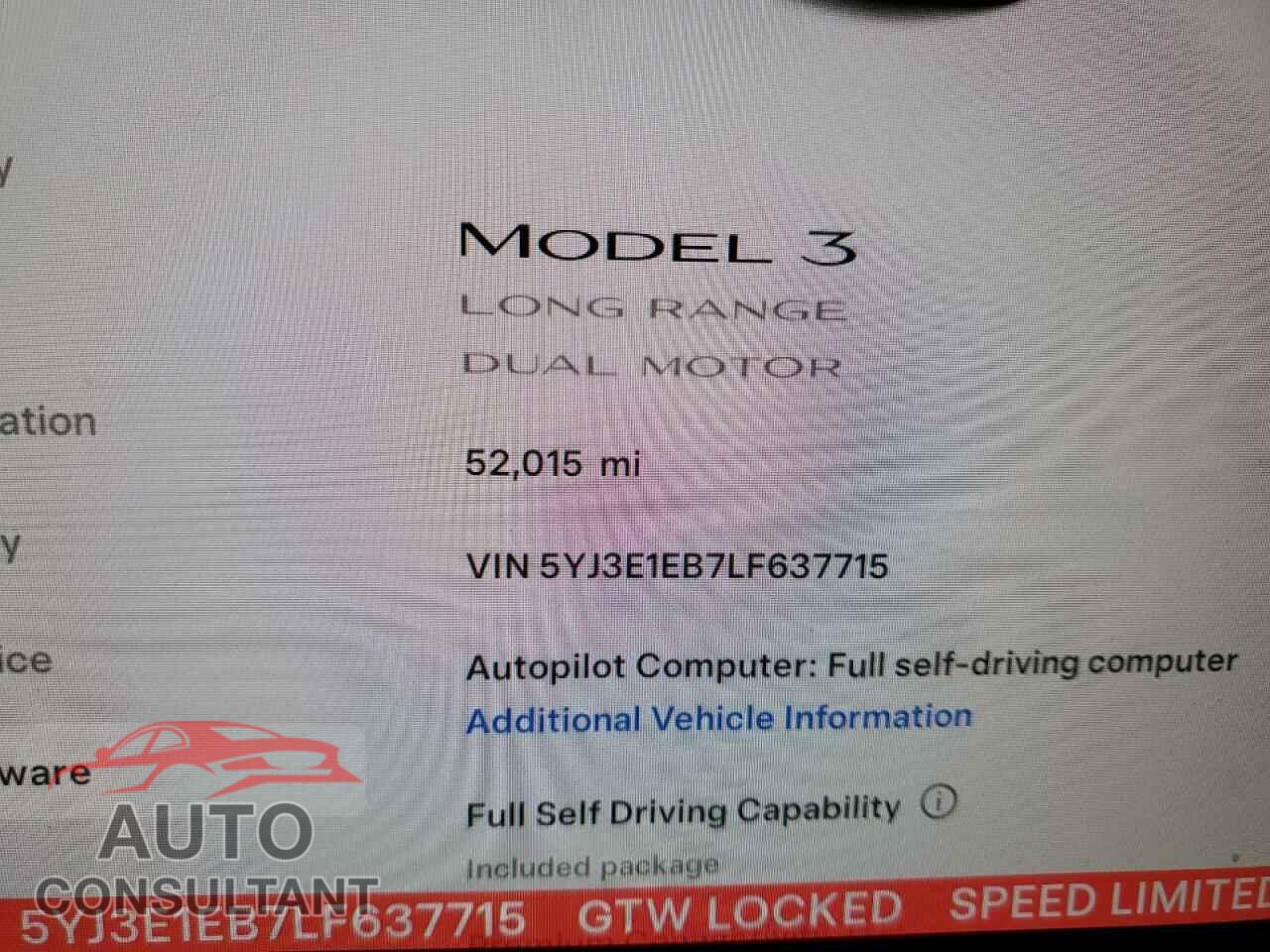 TESLA MODEL 3 2020 - 5YJ3E1EB7LF637715