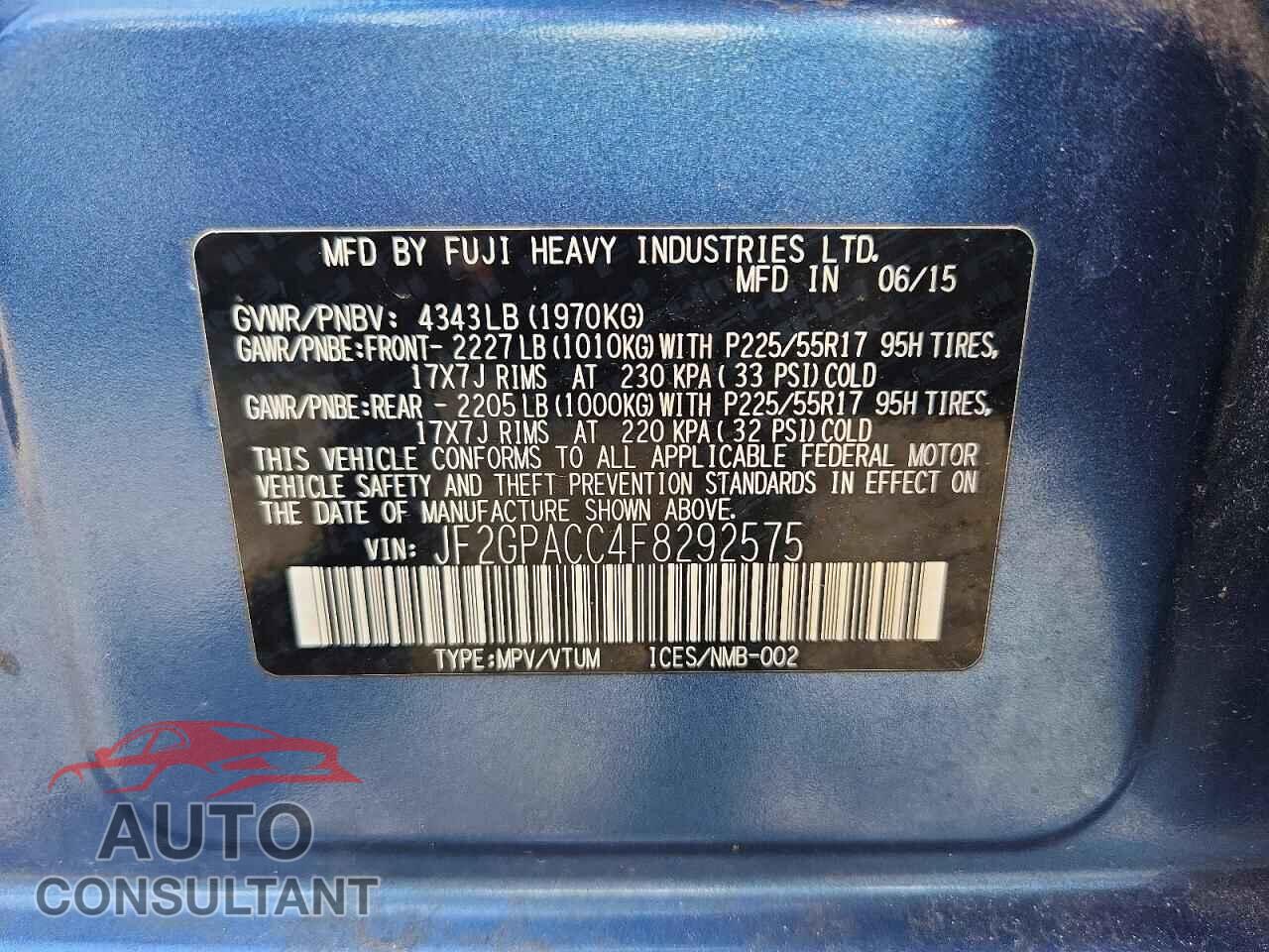 SUBARU XV 2015 - JF2GPACC4F8292575