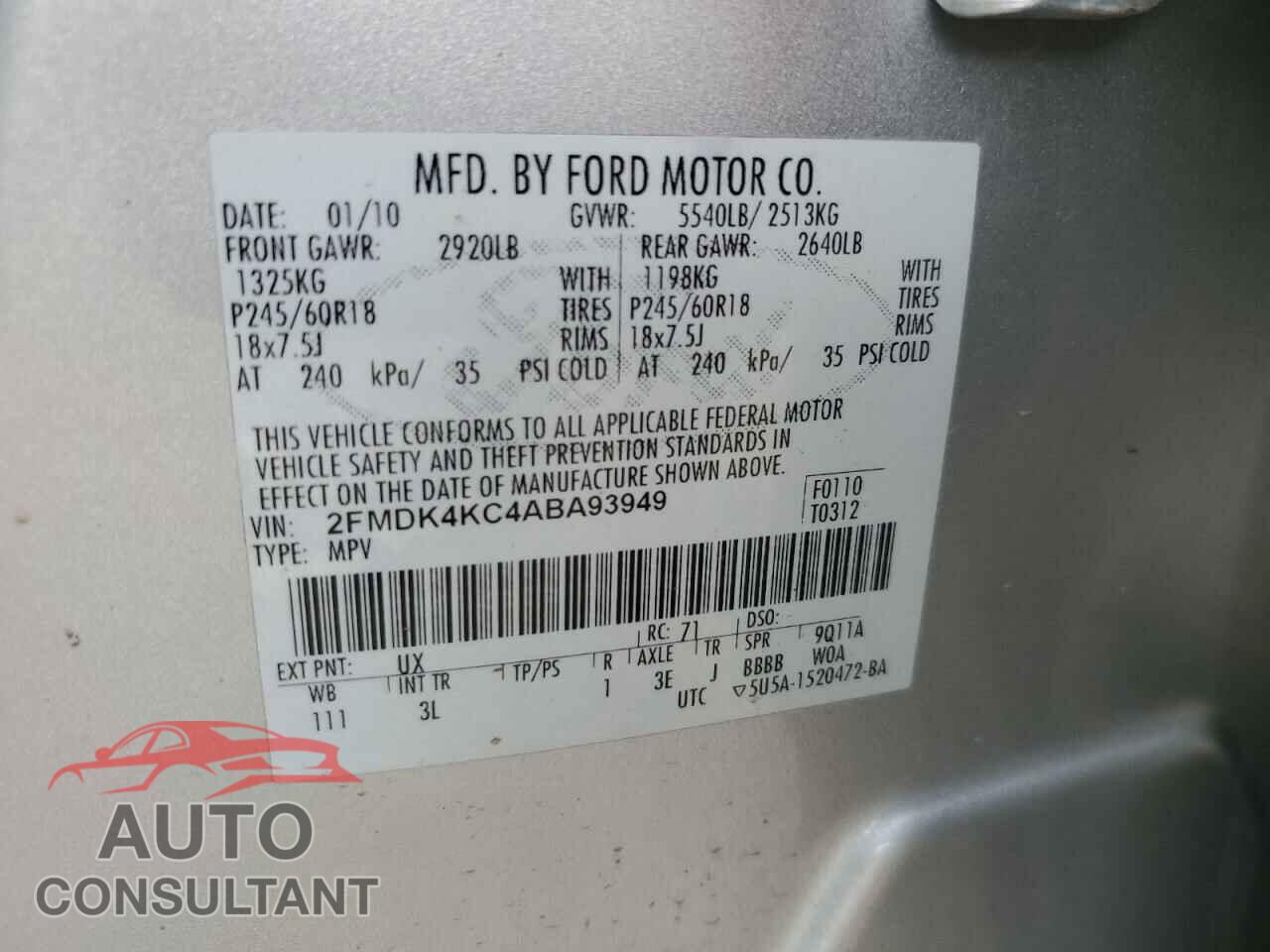 FORD EDGE 2010 - 2FMDK4KC4ABA93949
