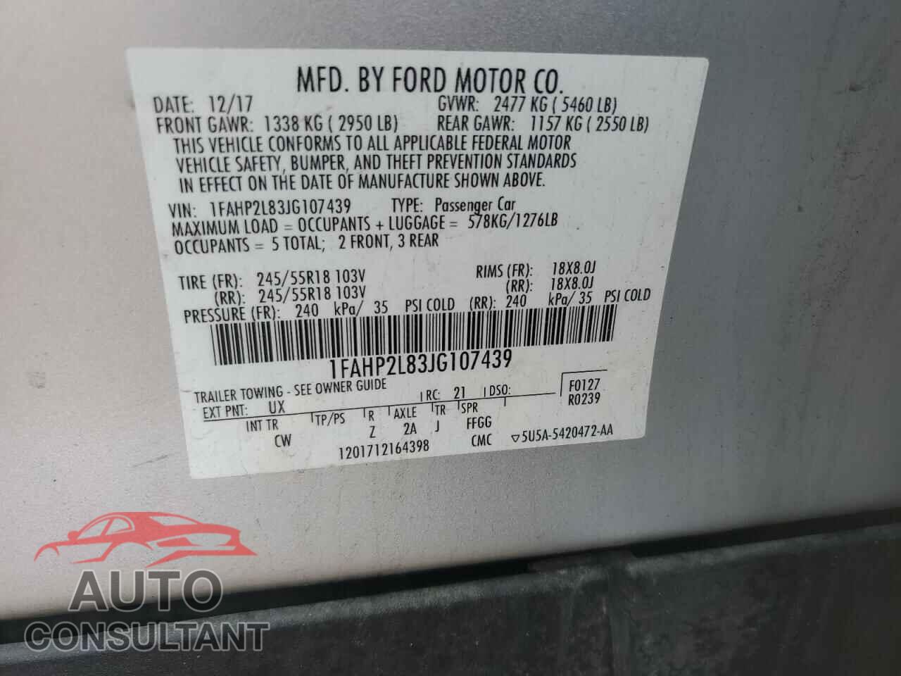 FORD TAURUS 2018 - 1FAHP2L83JG107439