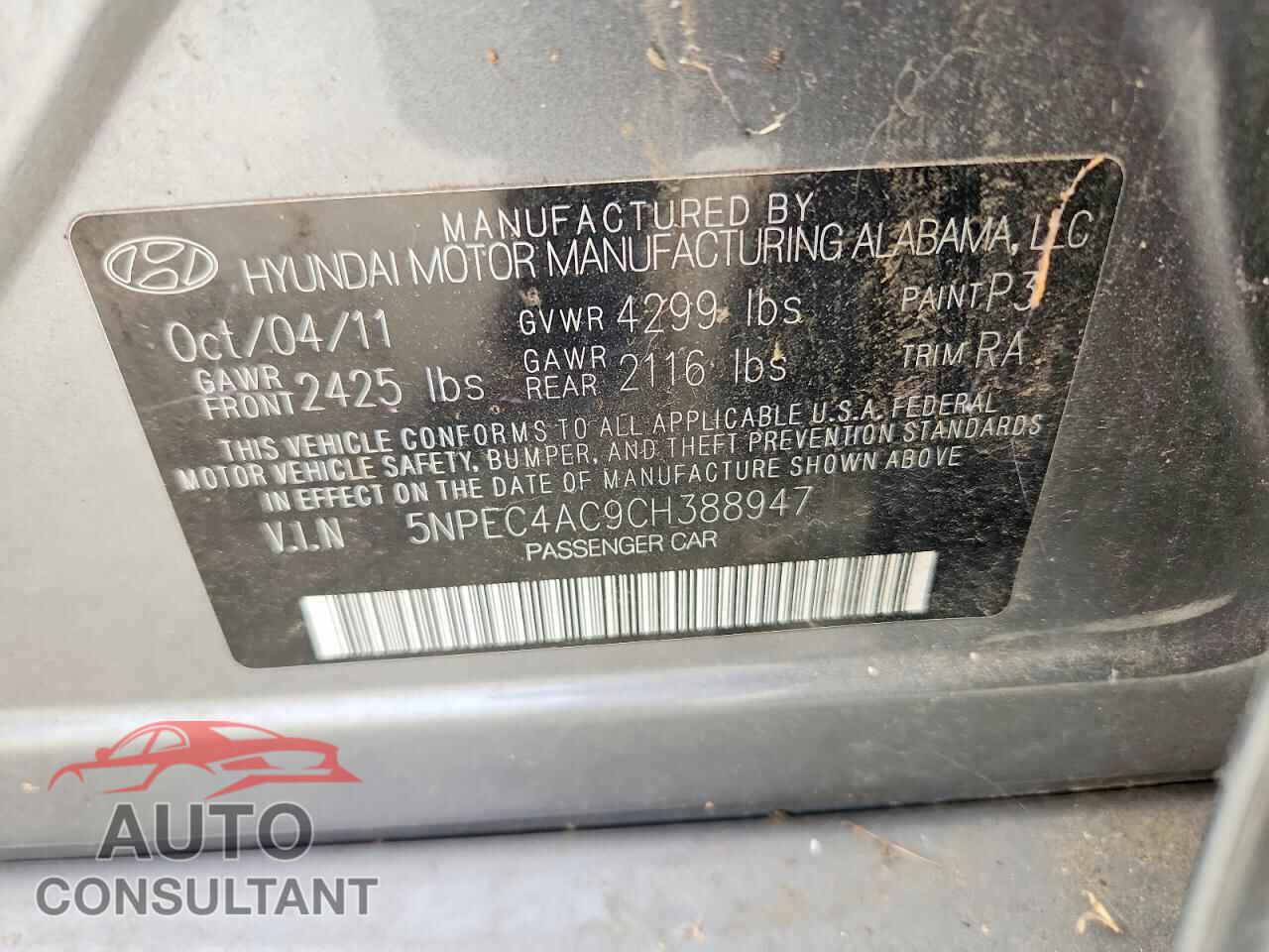 HYUNDAI SONATA 2012 - 5NPEC4AC9CH388947