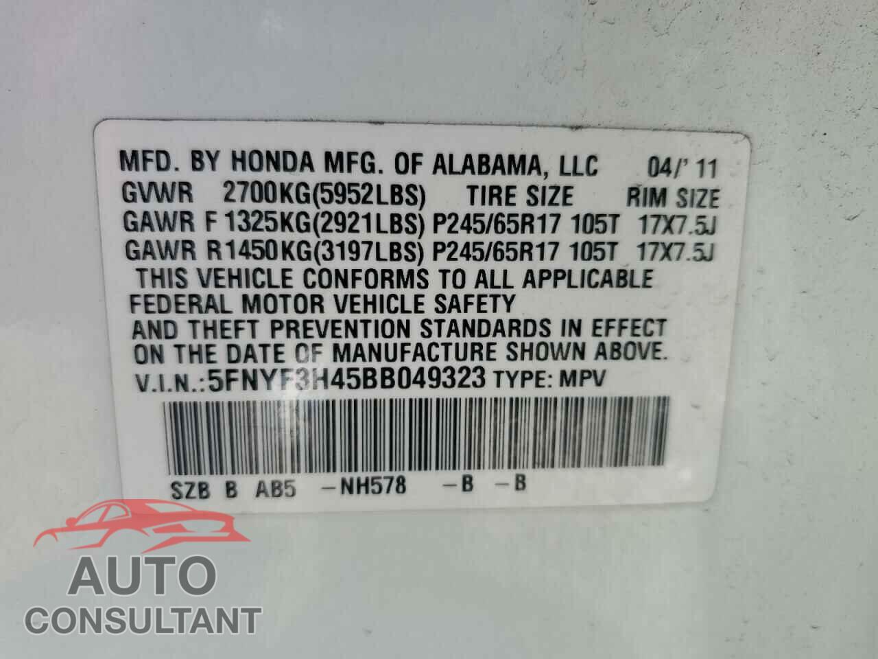 HONDA PILOT 2011 - 5FNYF3H45BB049323