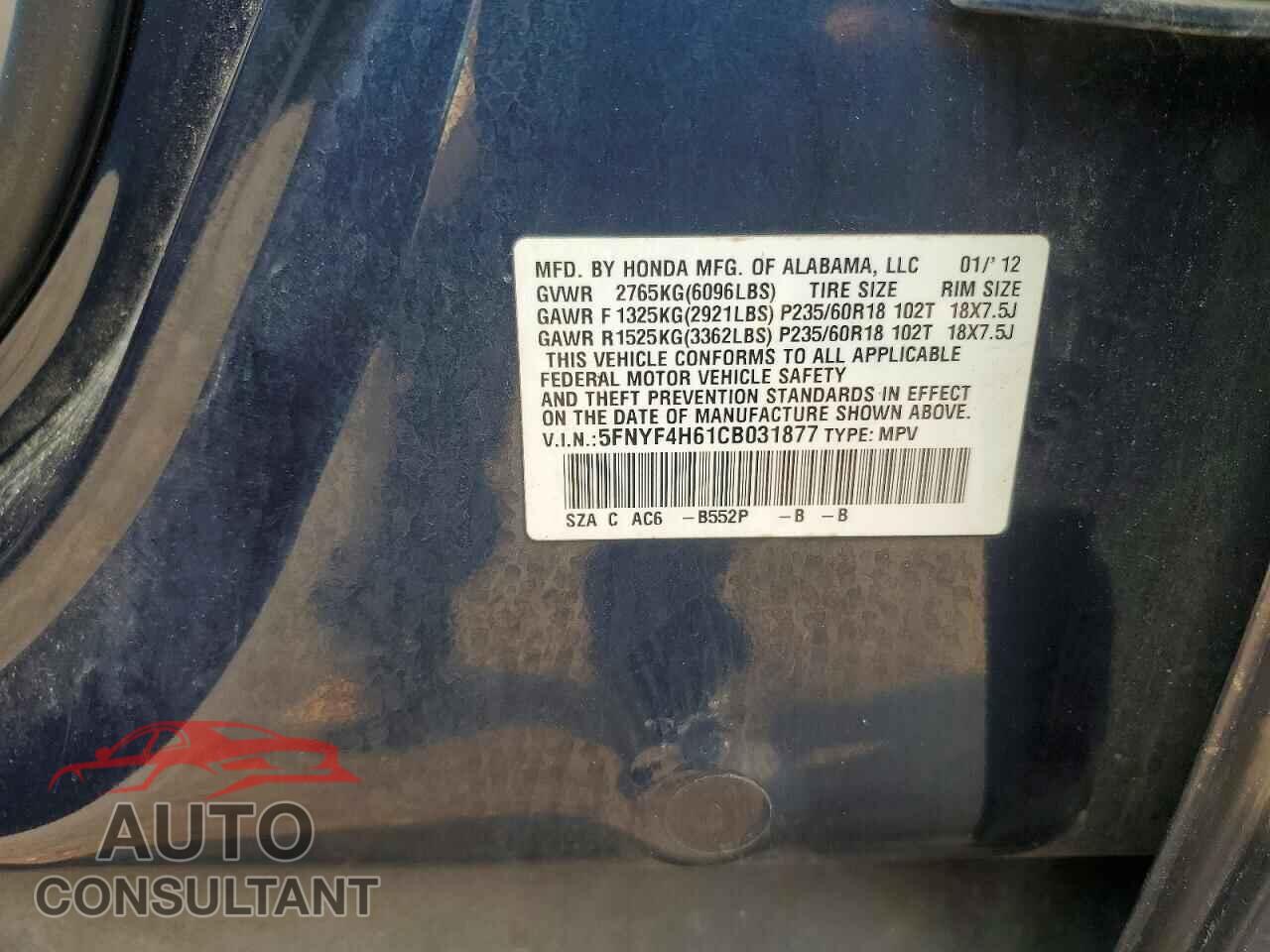 HONDA PILOT 2012 - 5FNYF4H61CB031877