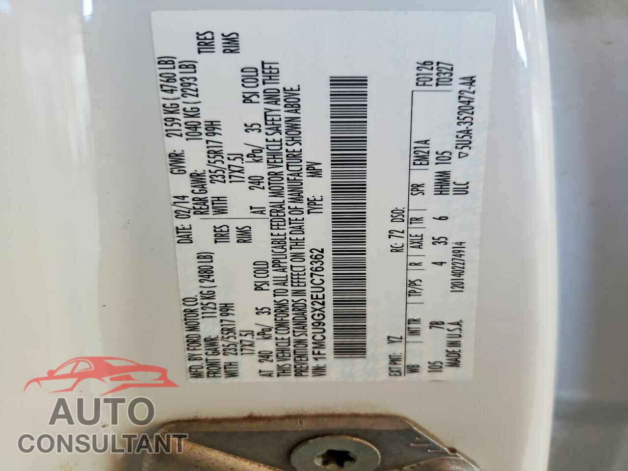 FORD ESCAPE 2014 - 1FMCU9GX2EUC76362