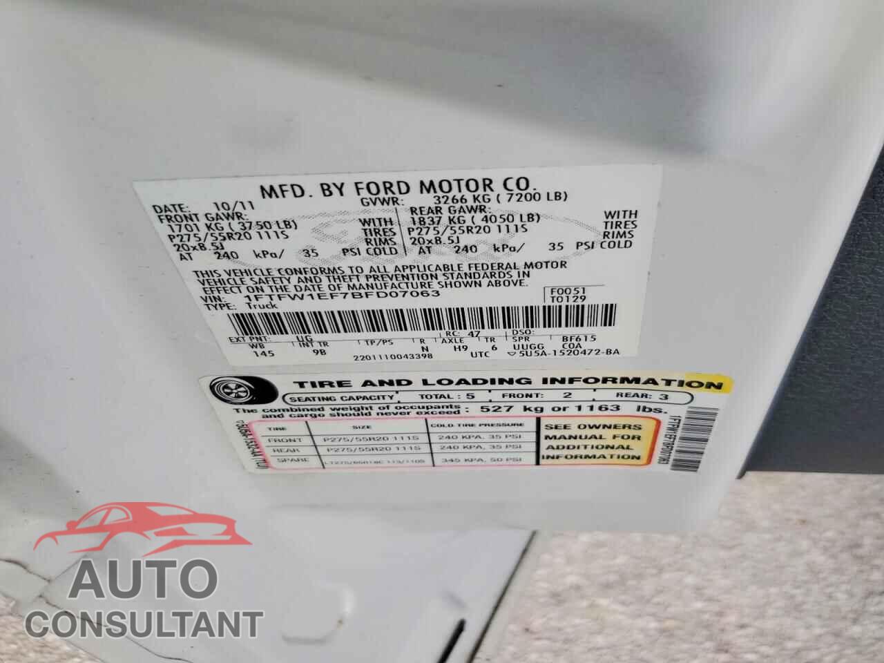 FORD F150 2011 - 1FTFW1EF7BFD07063