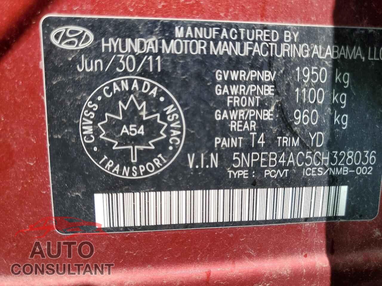 HYUNDAI SONATA 2012 - 5NPEB4AC5CH328036