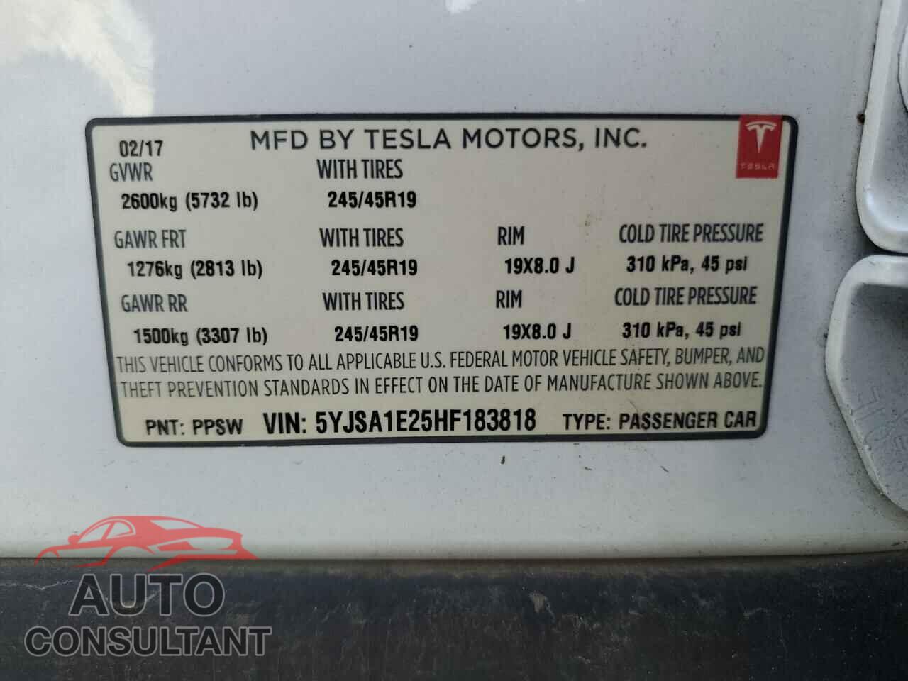 TESLA MODEL S 2017 - 5YJSA1E25HF183818