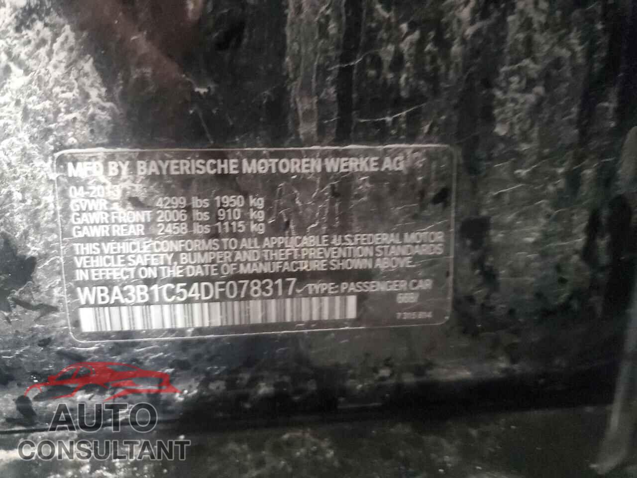 BMW 3 SERIES 2013 - WBA3B1C54DF078317