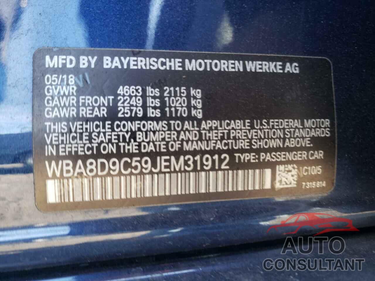 BMW 3 SERIES 2018 - WBA8D9C59JEM31912