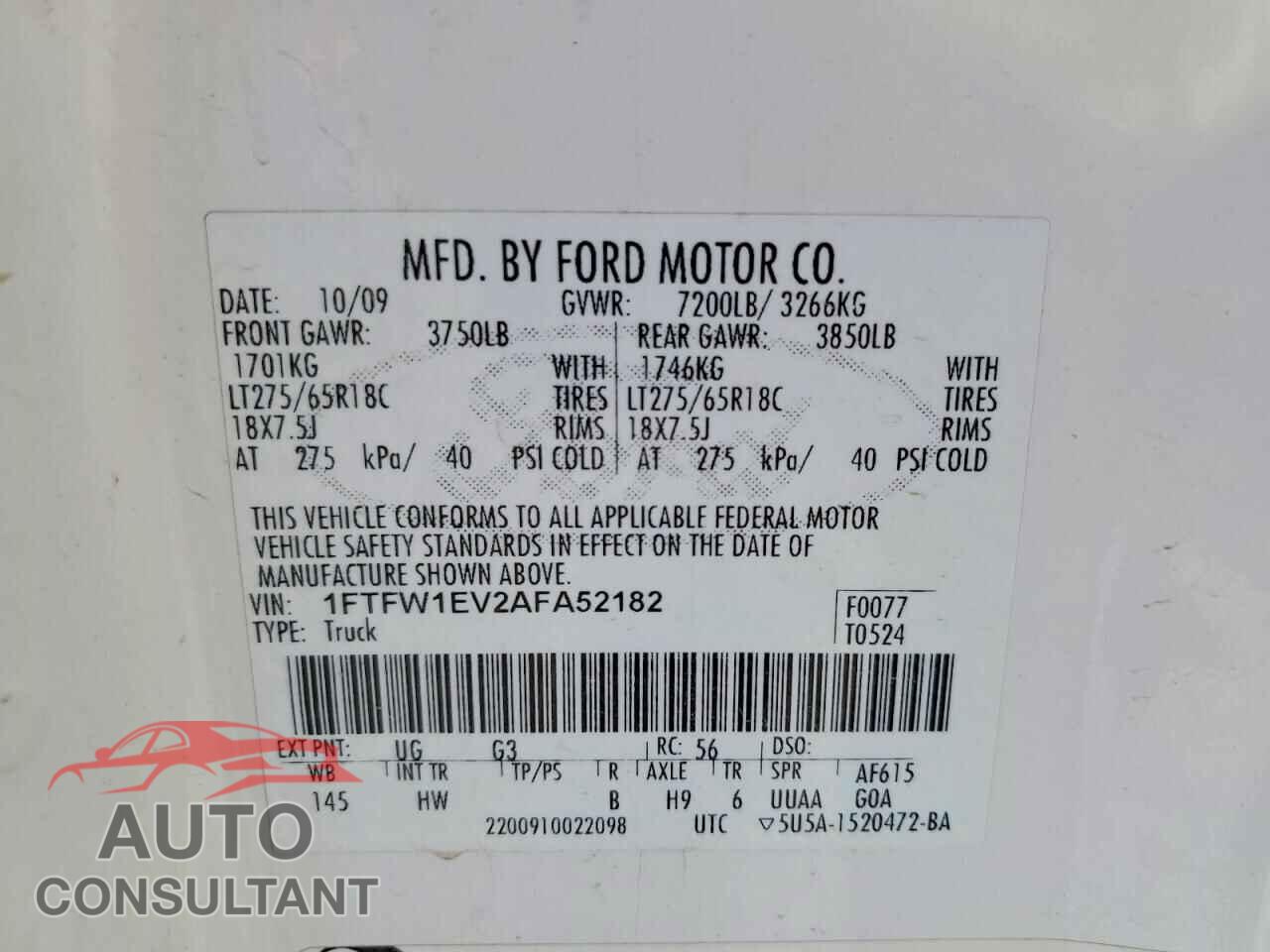 FORD F150 2010 - 1FTFW1EV2AFA52182