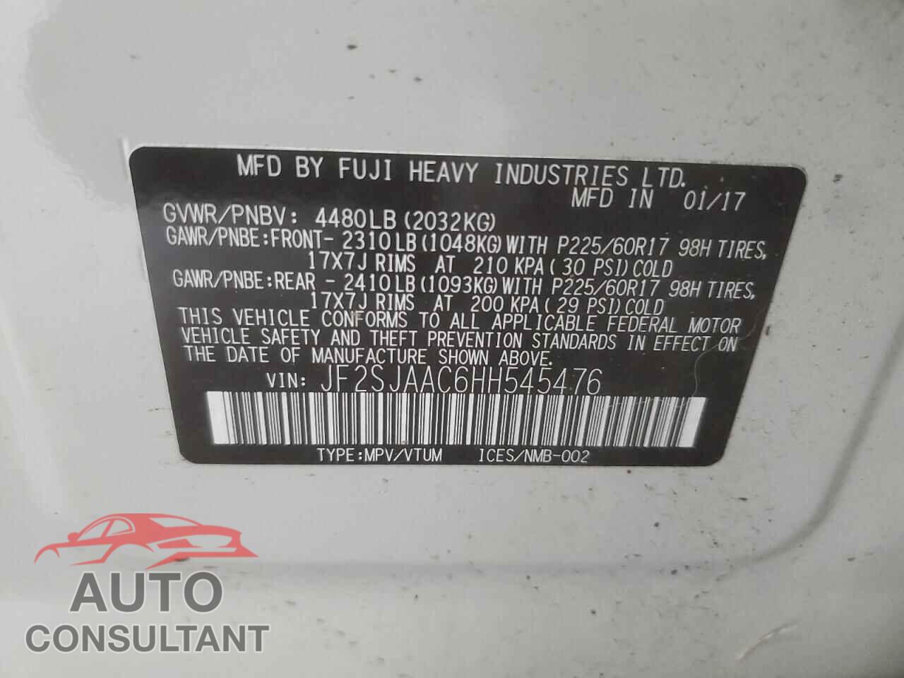 SUBARU FORESTER 2017 - JF2SJAAC6HH545476