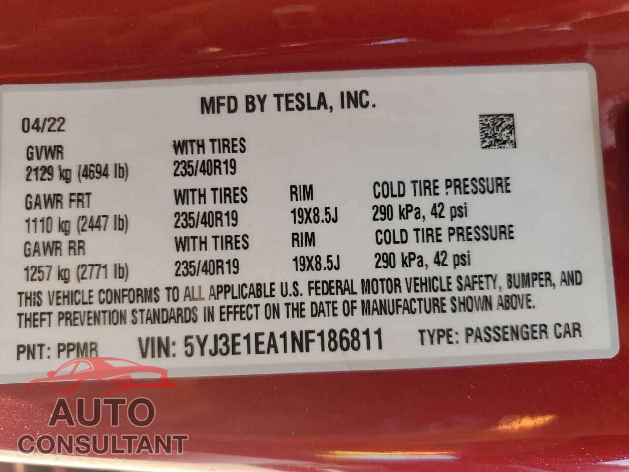 TESLA MODEL 3 2022 - 5YJ3E1EA1NF186811