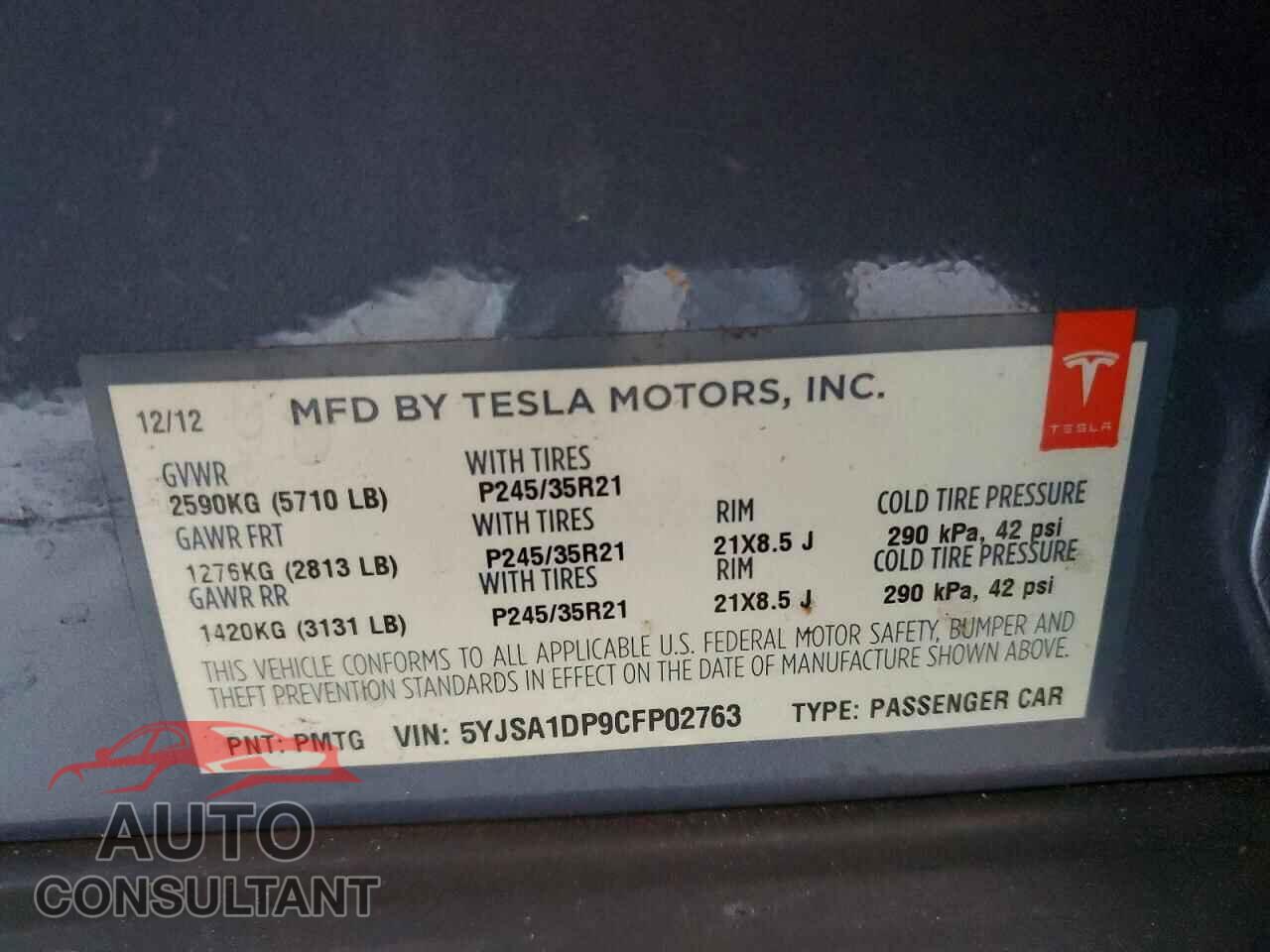 TESLA MODEL S 2012 - 5YJSA1DP9CFP02763