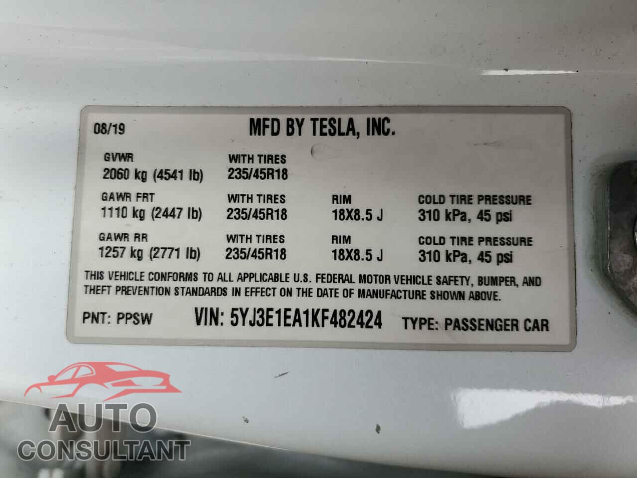 TESLA MODEL 3 2019 - 5YJ3E1EA1KF482424