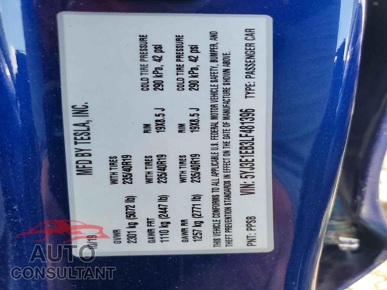 TESLA MODEL 3 2020 - 5YJ3E1EB3LF481396