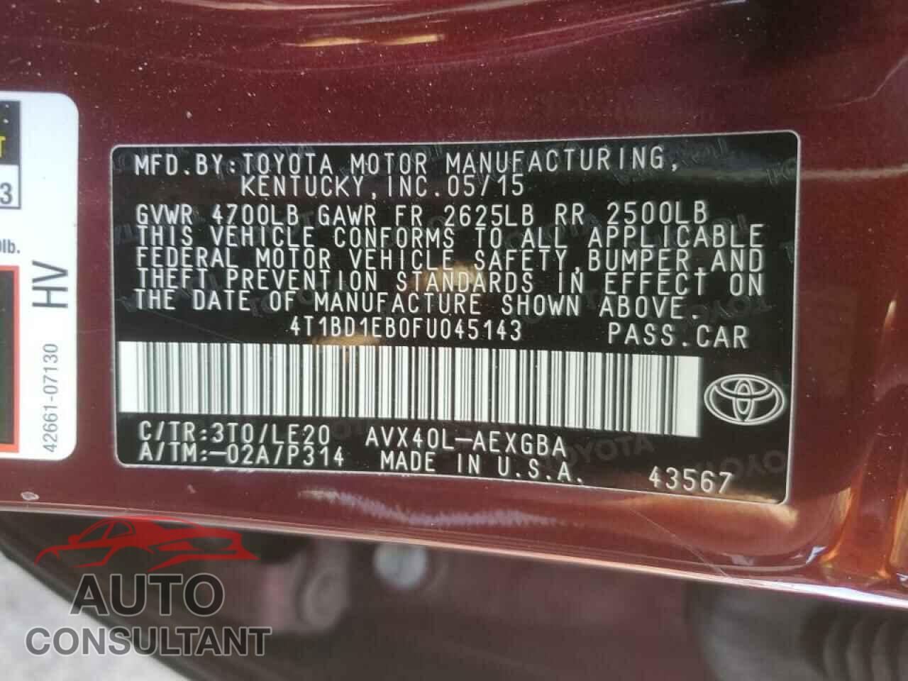 TOYOTA AVALON 2015 - 4T1BD1EB0FU045143