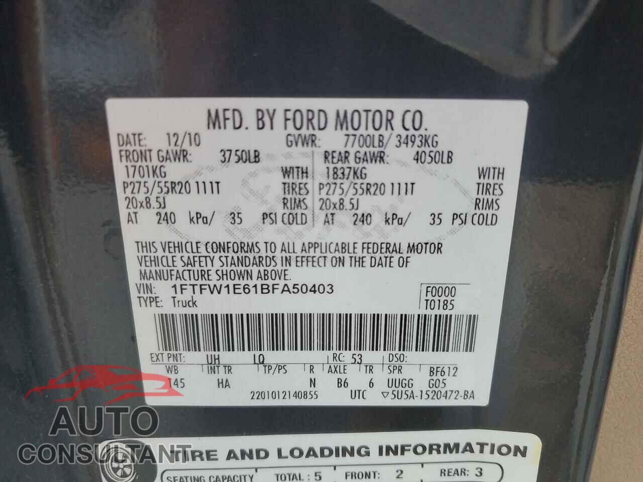 FORD F-150 2011 - 1FTFW1E61BFA50403