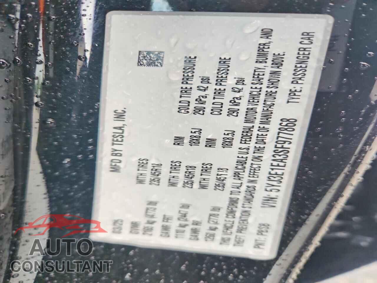 TESLA MODEL 3 2025 - 5YJ3E1EA3SF977868