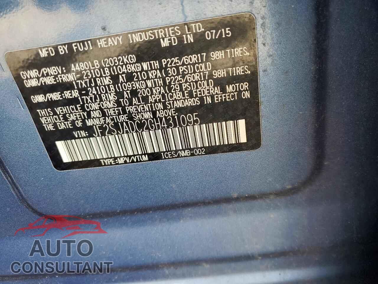 SUBARU FORESTER 2016 - JF2SJADC2GH431095