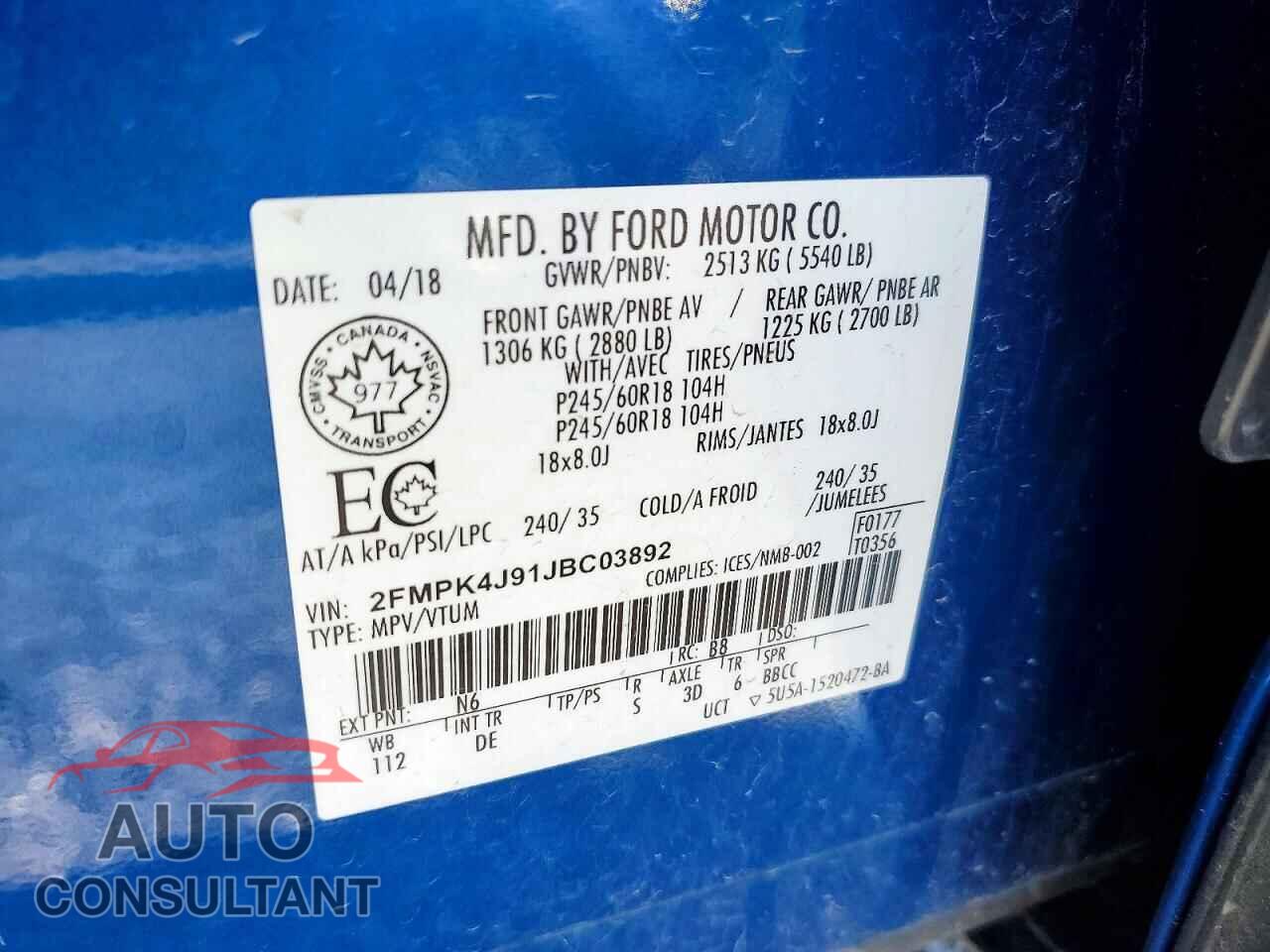 FORD EDGE 2018 - 2FMPK4J91JBC03892