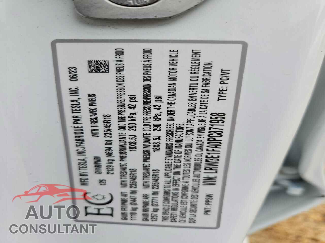 TESLA MODEL 3 2023 - LRW3E1FA0PC871958