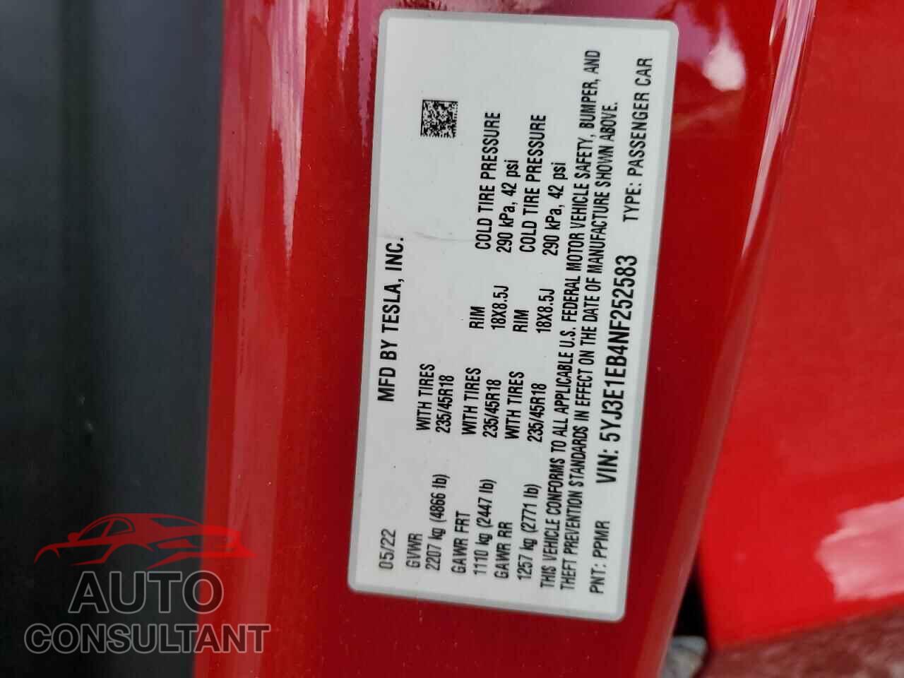 TESLA MODEL 3 2022 - 5YJ3E1EB4NF252583